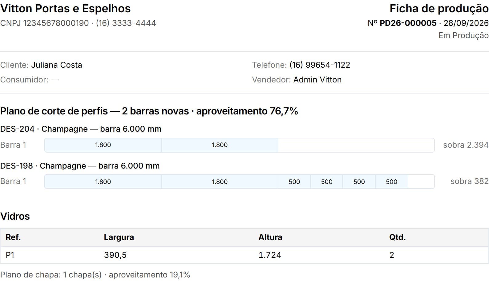 Ficha de produção com plano de corte das barras e lista de vidros